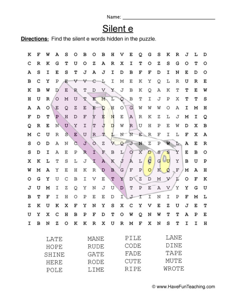 Silent E Word Search Worksheet