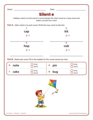 Adding Silent E worksheet for 1st grade phonics teaching silent e and long vowel sounds