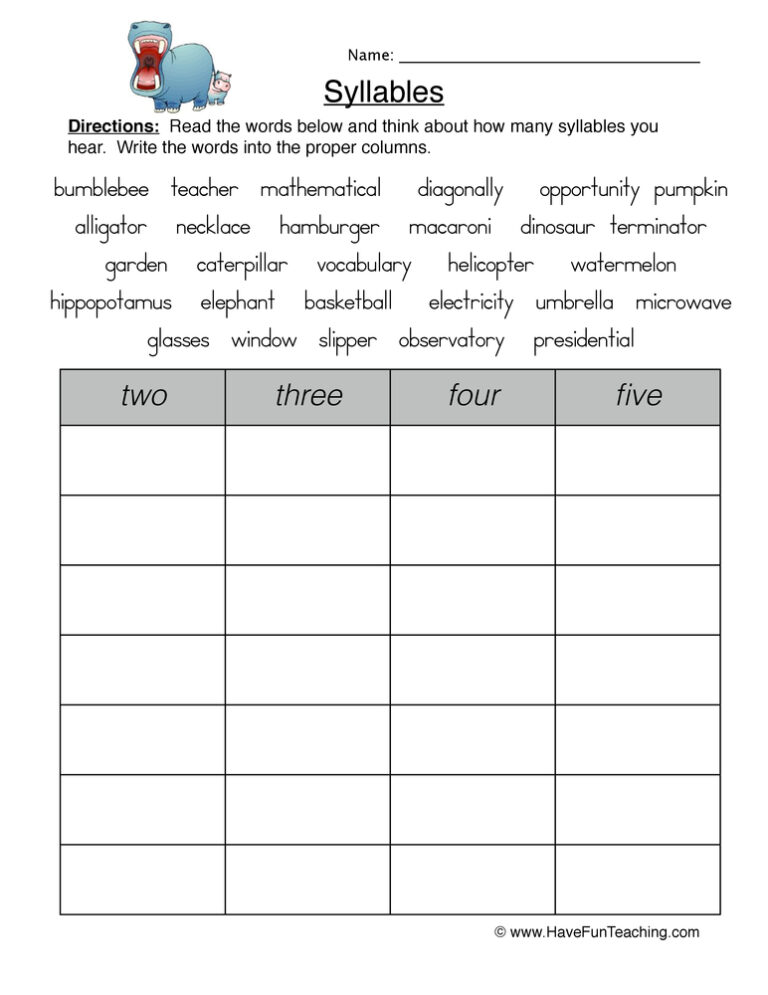 Syllable Sorting Worksheet