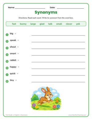 Second grade synonyms word bank worksheet