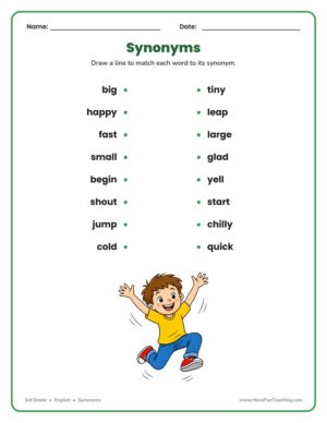 Synonyms matching worksheet where students draw lines to match each word to its synonym
