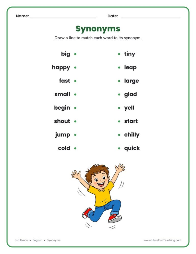 Synonyms Matching Worksheet