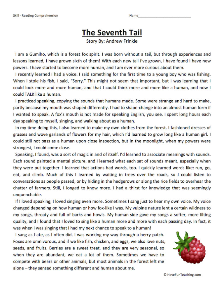 The Seventh Tail Reading Comprehension Worksheet