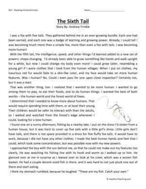 The Sixth Tail Reading Comprehension Worksheet