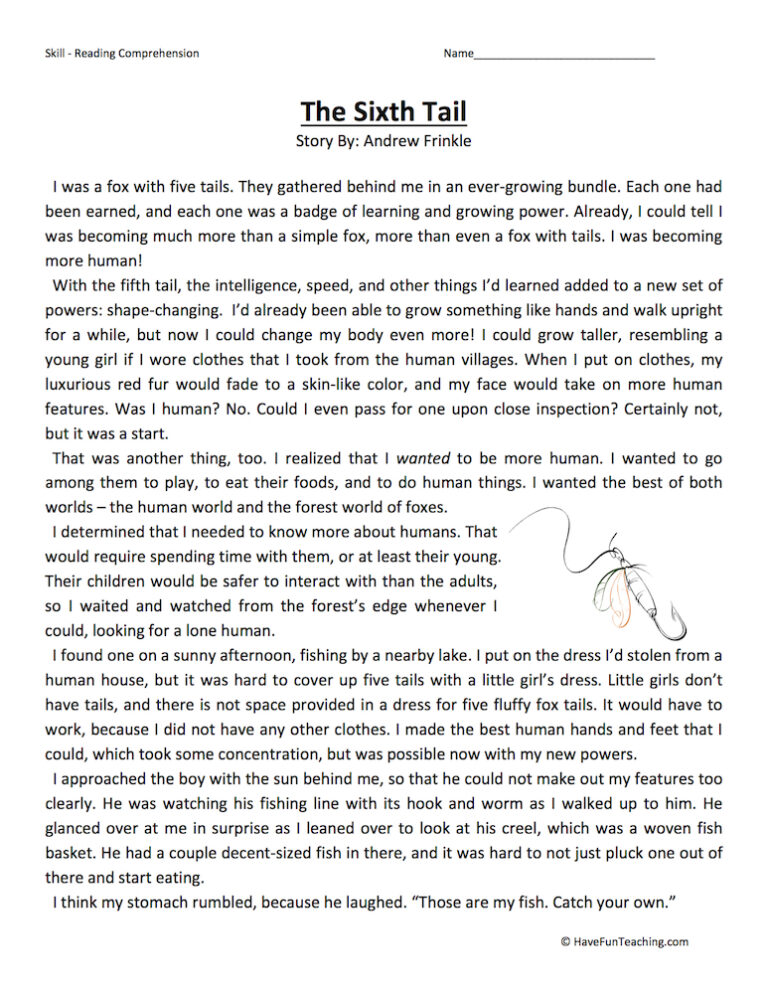 The Sixth Tail Reading Comprehension Worksheet