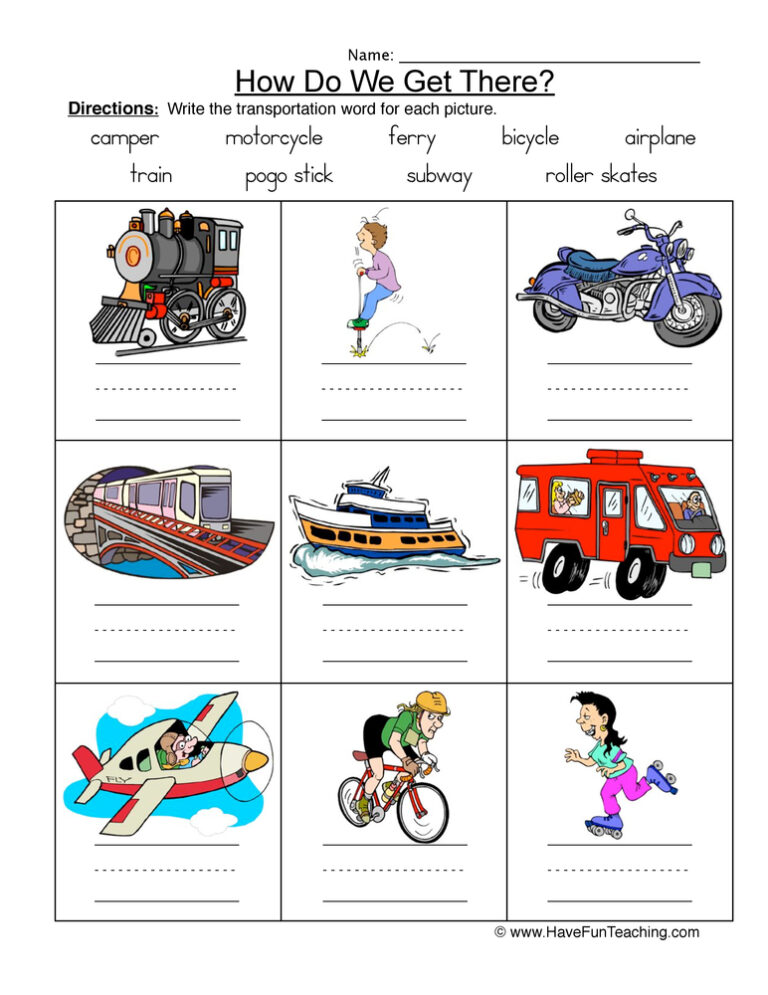 Transportation Names Matching Worksheet