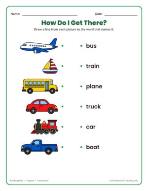 Transportation matching worksheet where students draw a line from each vehicle picture to the correct transportation word.
