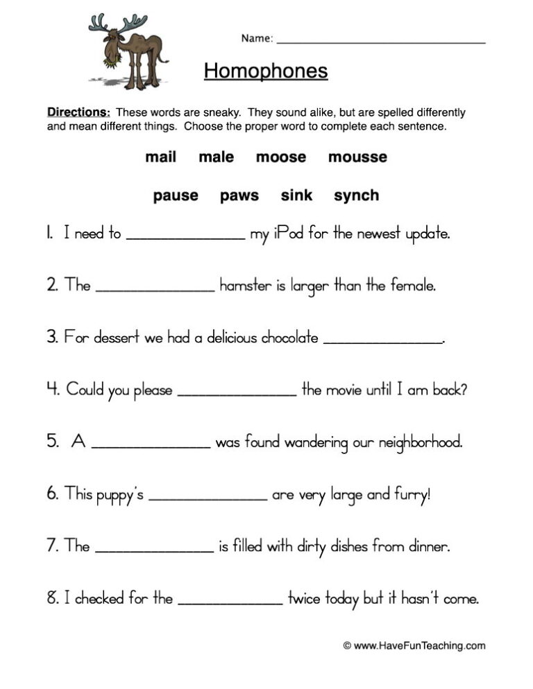Using Homophones Worksheet