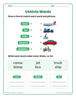 1st Grade vehicle words and transportation vocabulary worksheet