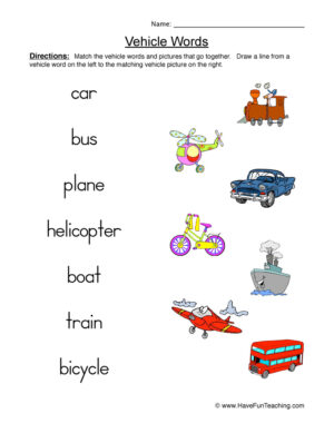 Vehicle Words Worksheet