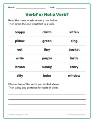 2nd grade verbs worksheet: circle the verb in each row of words