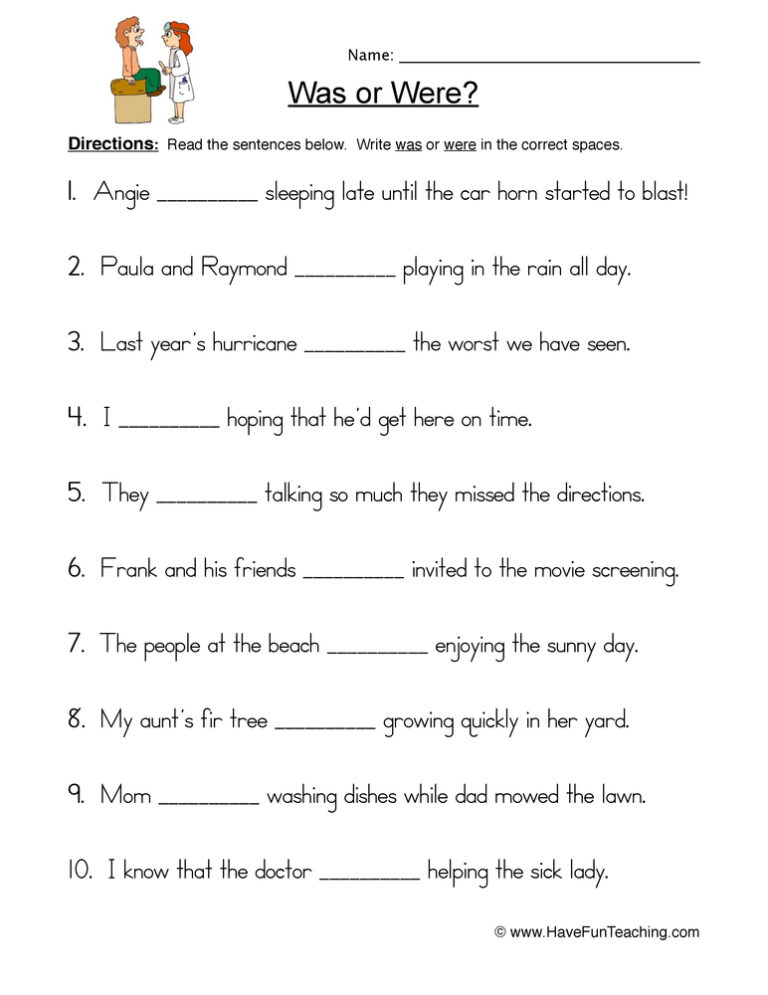 Was Were Fill in the Blank Worksheet