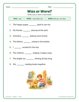 2nd grade was were verbs fill in the blanks worksheet