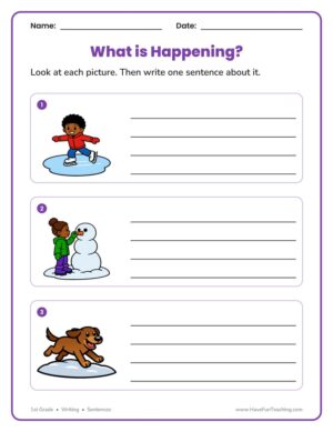 1st Grade winter sentence worksheet with three picture writing prompts