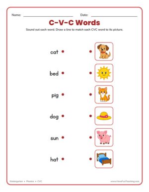 kindergarten matching CVC words to pictures worksheet