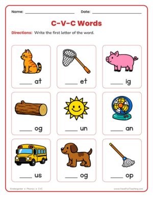 Kindergarten CVC words worksheet: write the beginning letter for each picture