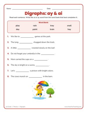 AI AY Digraphs Fill in Blanks Worksheet for 1st grade phonics practice with ai and ay words