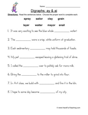 AI AY Digraphs Fill in Blanks Worksheet
