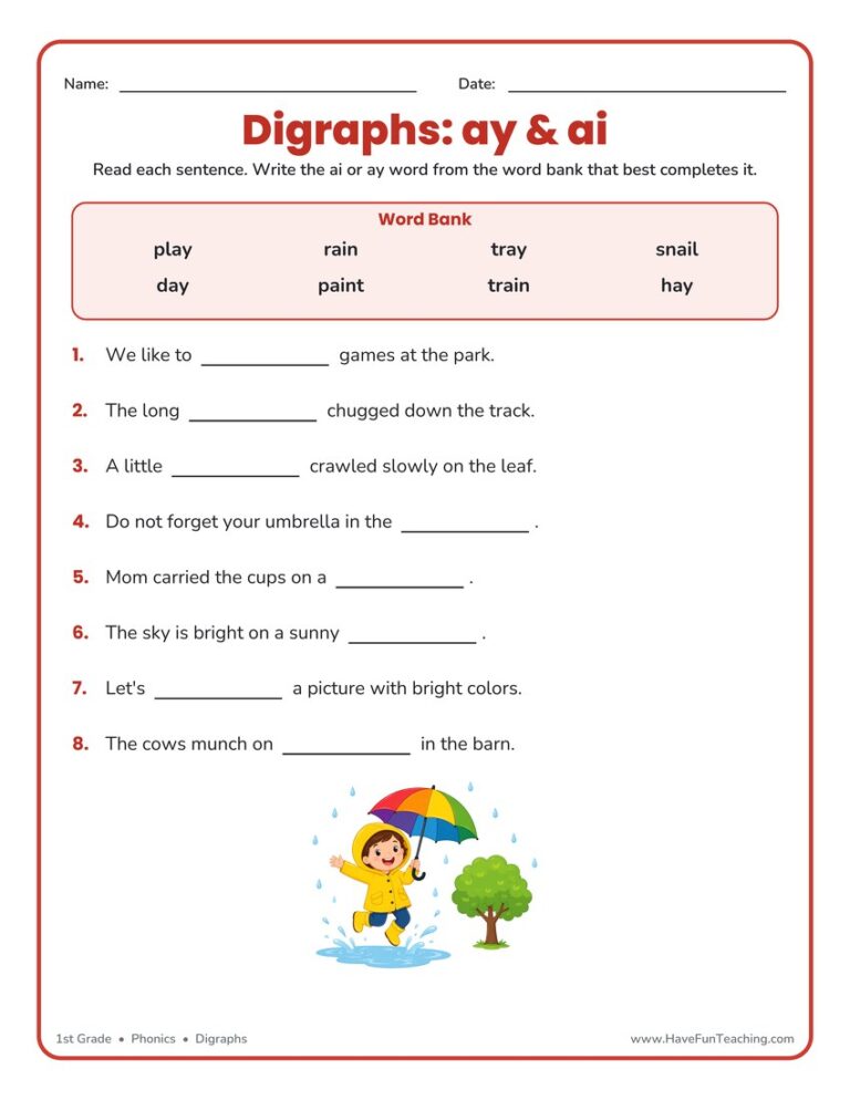 AI AY Digraphs Fill in Blanks Worksheet