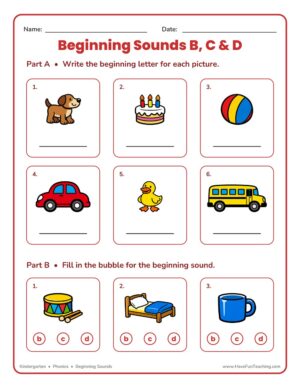 Kindergarten beginning sounds B C D pictures worksheet