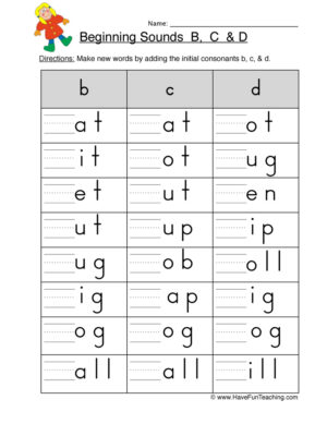 Beginning Sounds B C D Worksheet