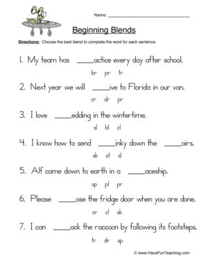 Beginning Blends Fill in the Blank Worksheet