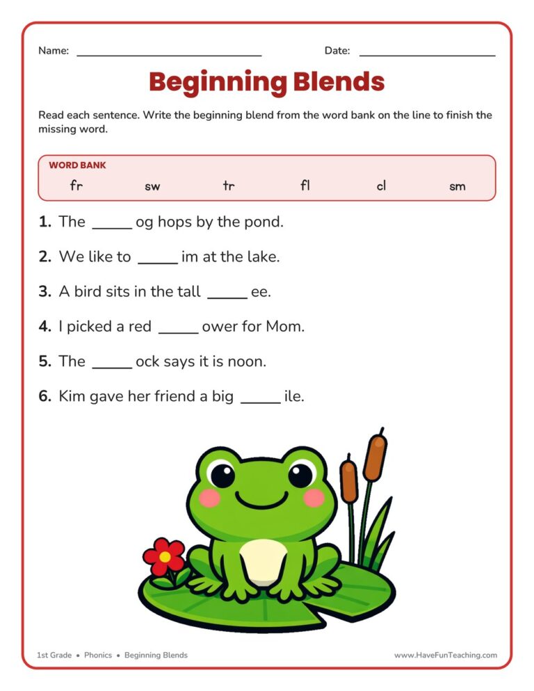 Beginning Blends Fill in the Blank Worksheet