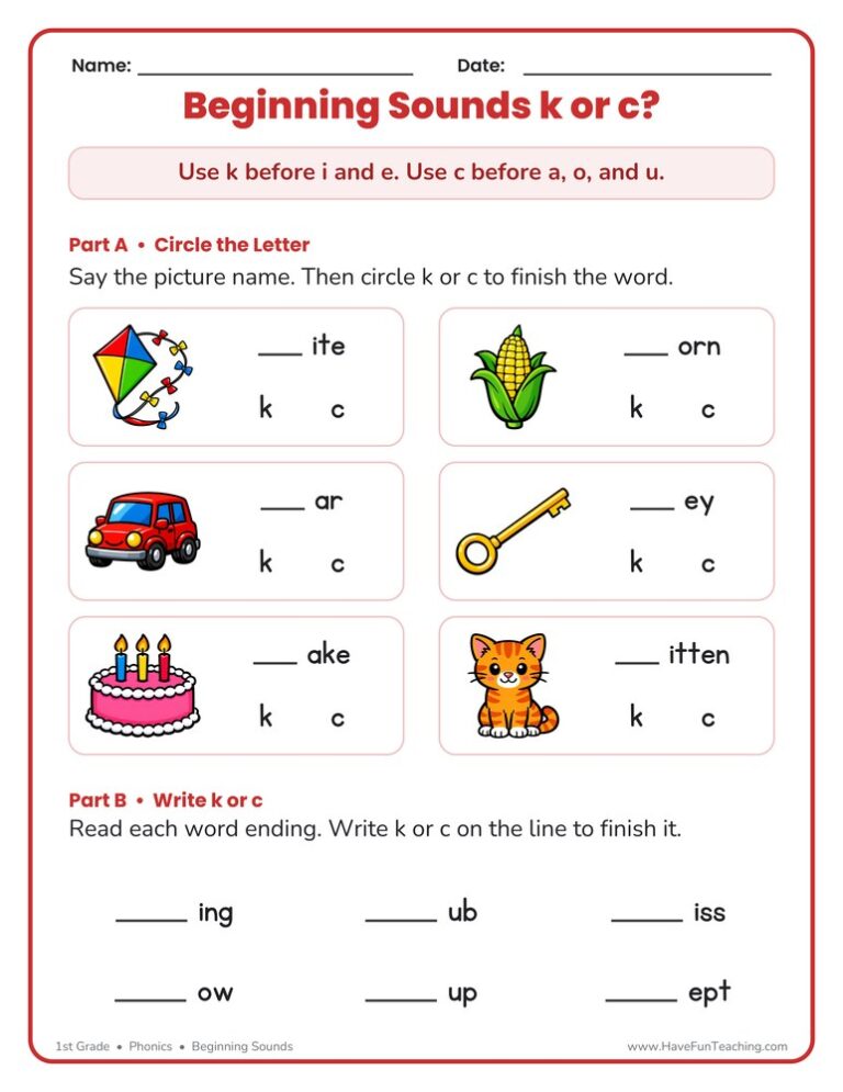 Circle Beginning Sounds K-C Worksheet