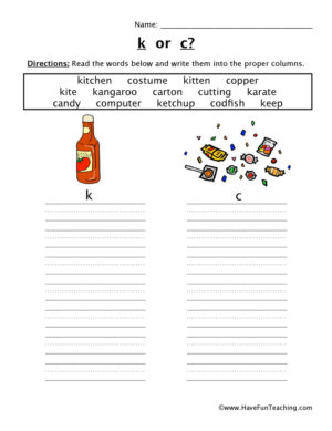 Beginning Sounds K-C Sort Worksheet