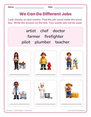 1st Grade different careers worksheet with six community workers and a word box