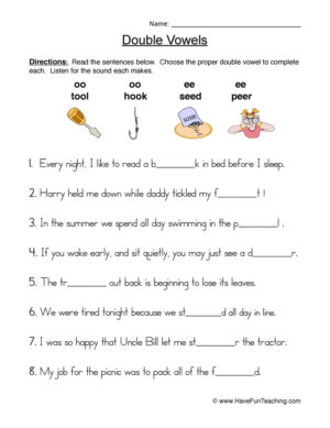 Double Vowels Fill in the Blank Worksheet