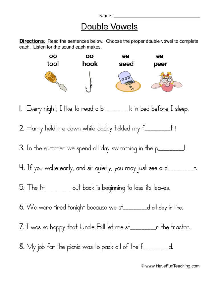 Double Vowels Fill in the Blank Worksheet