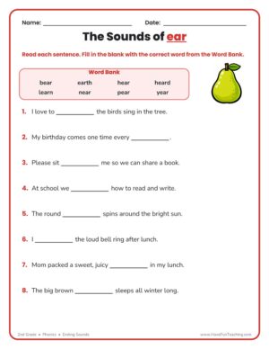 The Sounds of ear phonics worksheet for 2nd grade with a word bank and fill-in-the-blank sentences