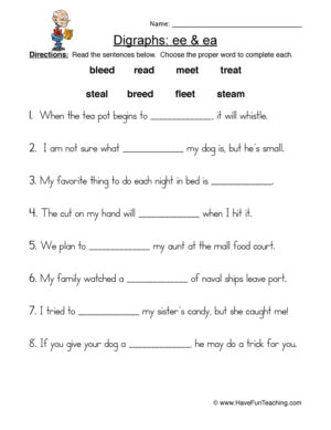 EE EA Digraphs Word Bank Worksheet
