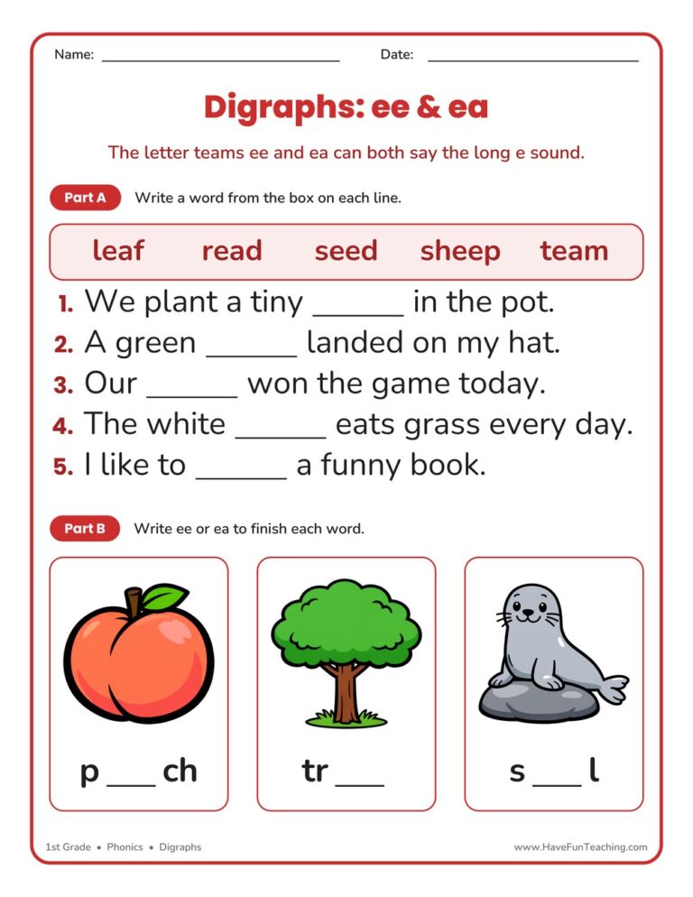EE EA Digraphs Word Bank Worksheet