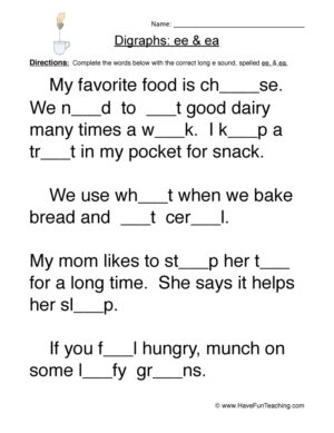 EE EA Digraphs Fill in Blanks Worksheet
