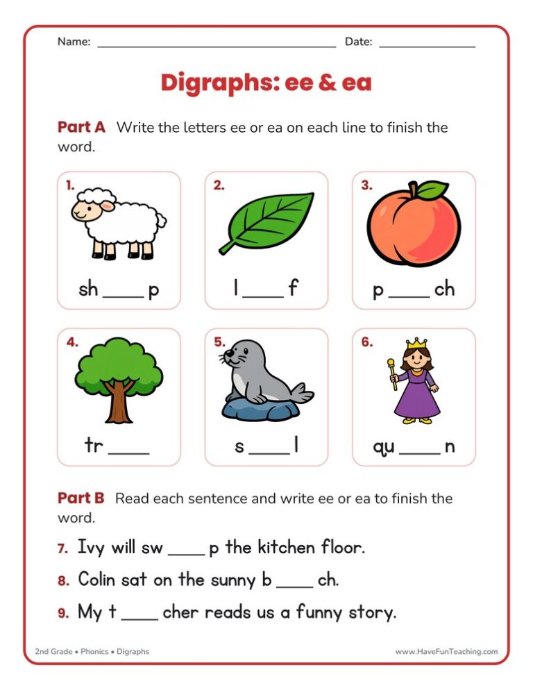 EE EA Digraphs Fill in Blanks Worksheet