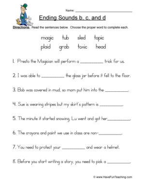 Ending Sounds B C D Sentences Worksheet