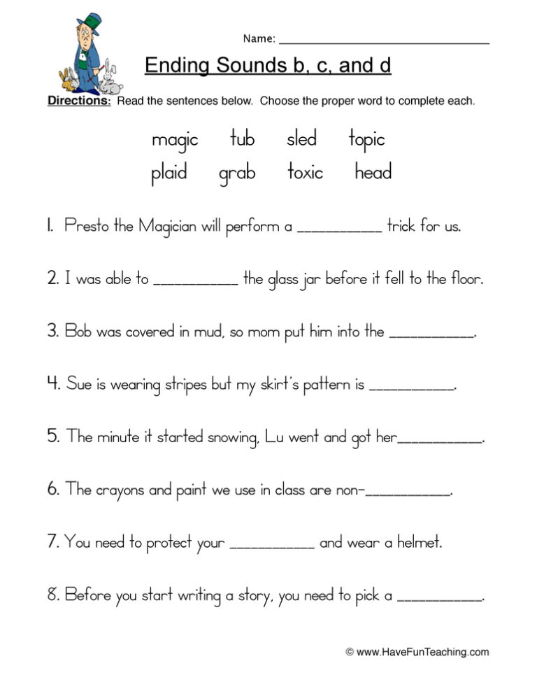 Ending Sounds B C D Sentences Worksheet