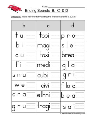 Ending Sounds B C D Worksheet