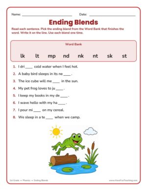 1st Grade Ending Blends phonics worksheet