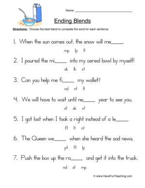 Fill in the Blank Ending Blends Worksheet