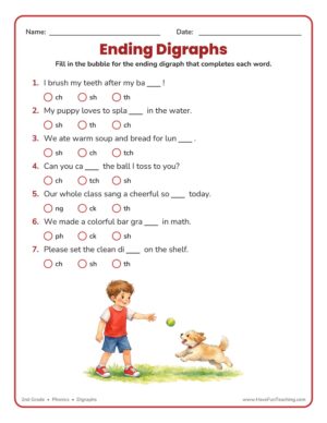 2nd grade ending digraphs sentences worksheet