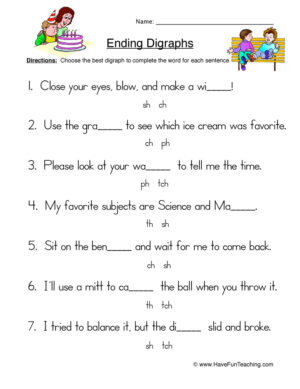 Ending Digraphs Worksheet - Sentences