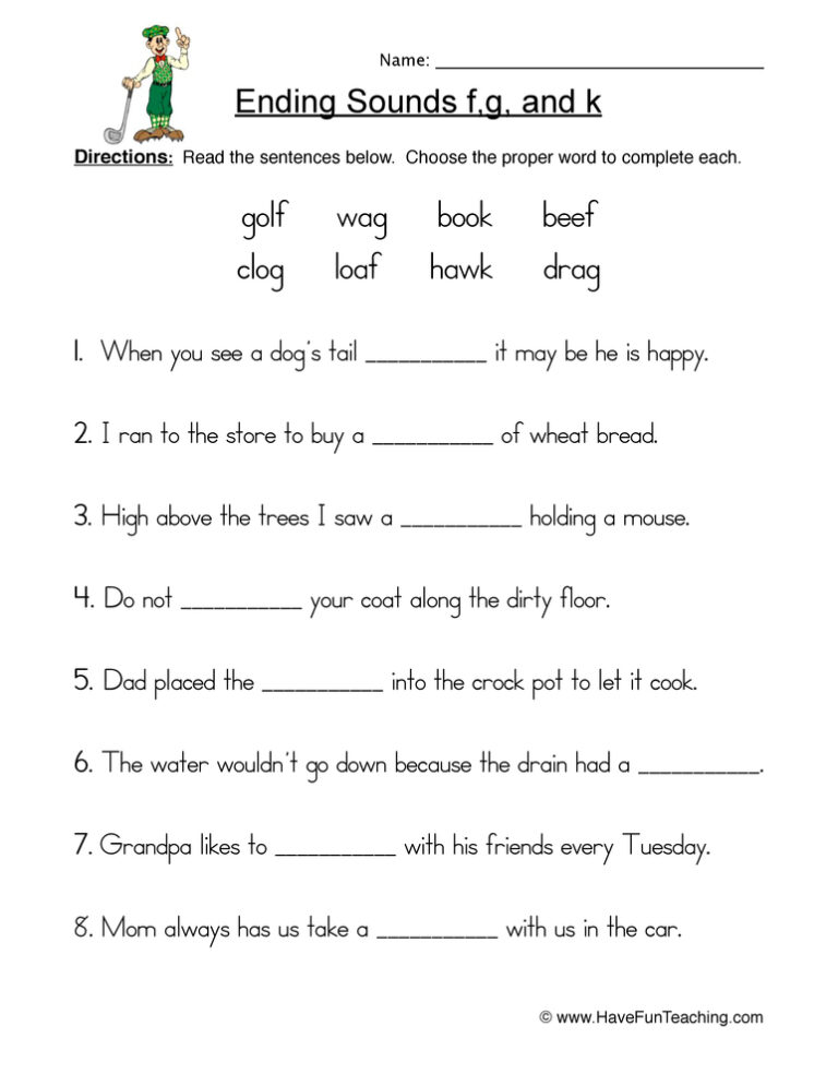 Ending Sounds F G K Sentences Worksheet