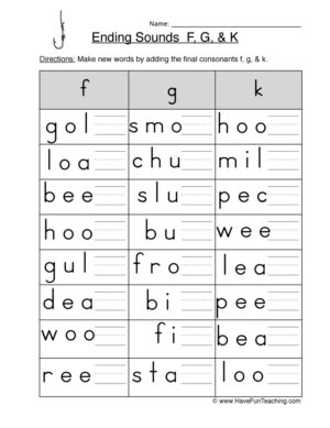 Ending Sounds F G K Worksheet