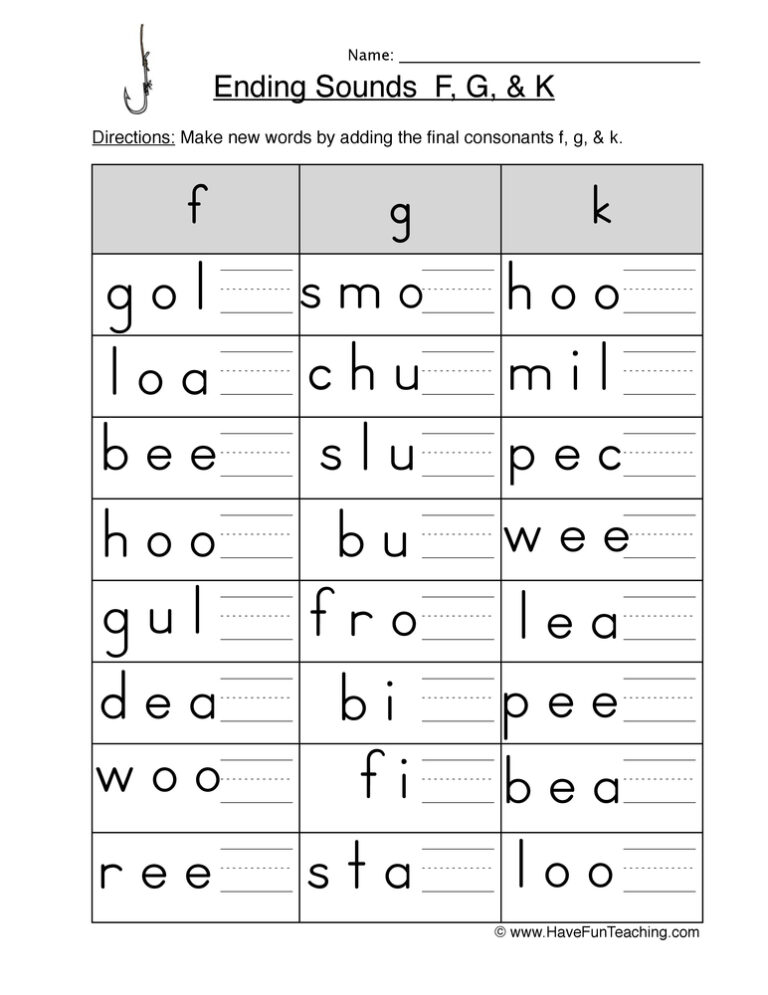 Ending Sounds F G K Worksheet