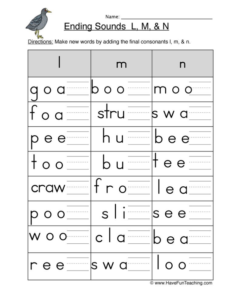 Ending Sounds L M N Worksheet