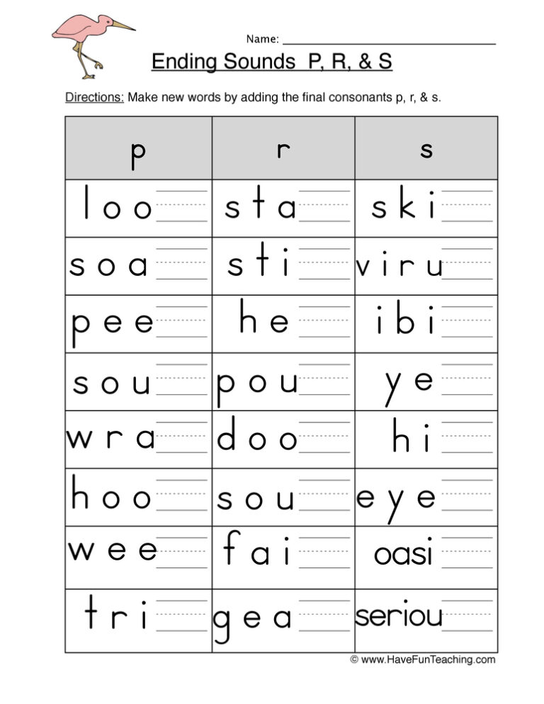 Ending Sounds P R S Worksheet