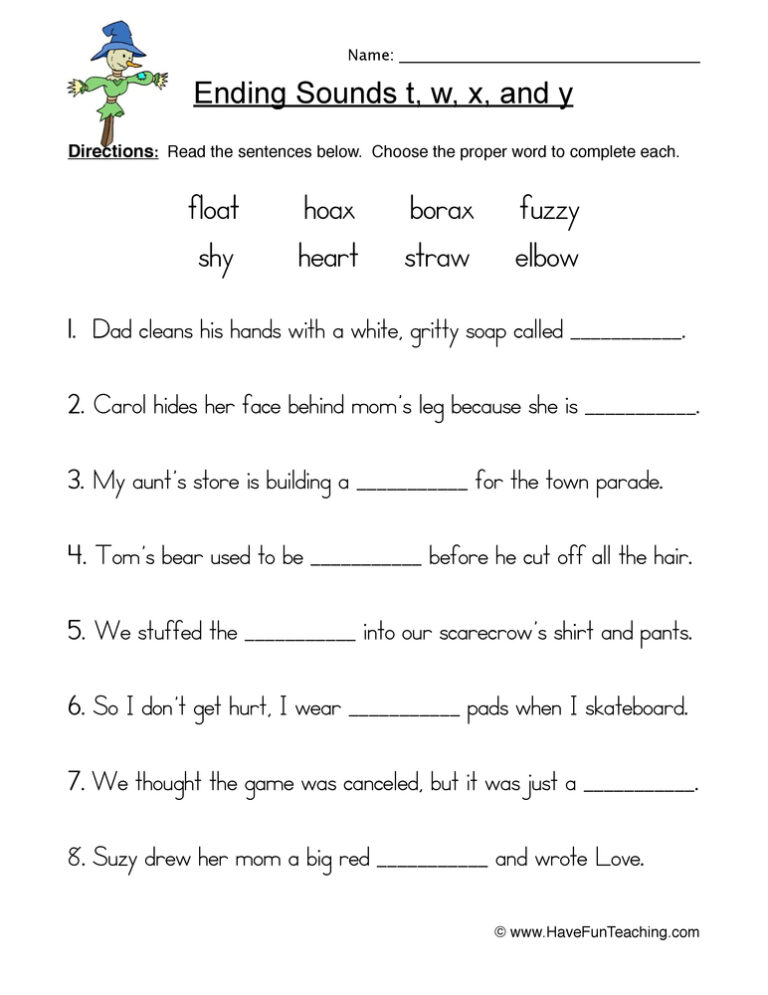 Ending Sounds T W X Y Sentences Worksheet